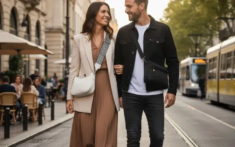 Um homem e uma mulher exibindo diferentes estilos de bolsas Crossbody Cross Body Bags