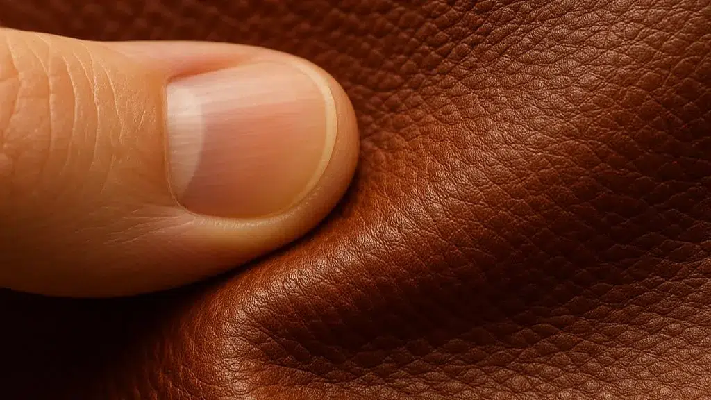 Primer plano de la textura de bolsos bandolera de cuero de grano completo que muestra tacto suave y grano natural
