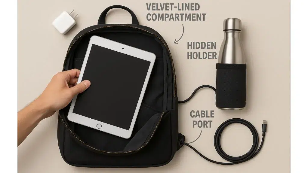 Organización interna de bolso bandolera pequeño para hombres con compartimento para iPad y portabotellas