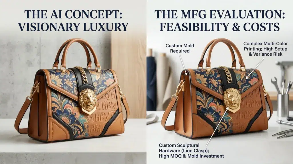 Split-screen comparison showing an AI-generated handbag concept and a production-ready manufacturing evaluation version with tooling, hardware, printing, and structural constraints.