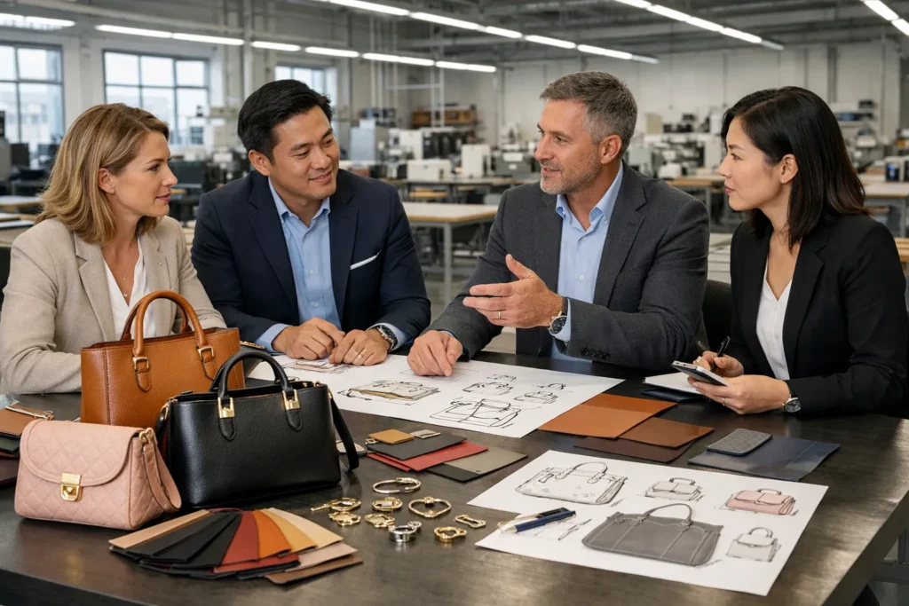 A professional handbag product development meeting in a modern factory showroom