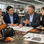 Eine professionelle Produktentwicklungssitzung für Handtaschen in einem modernen Fabrikshowroom