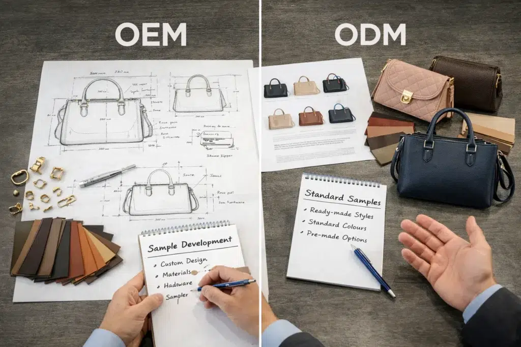 Vergleichsszene für OEM- vs. ODM-Handtaschenfertigung