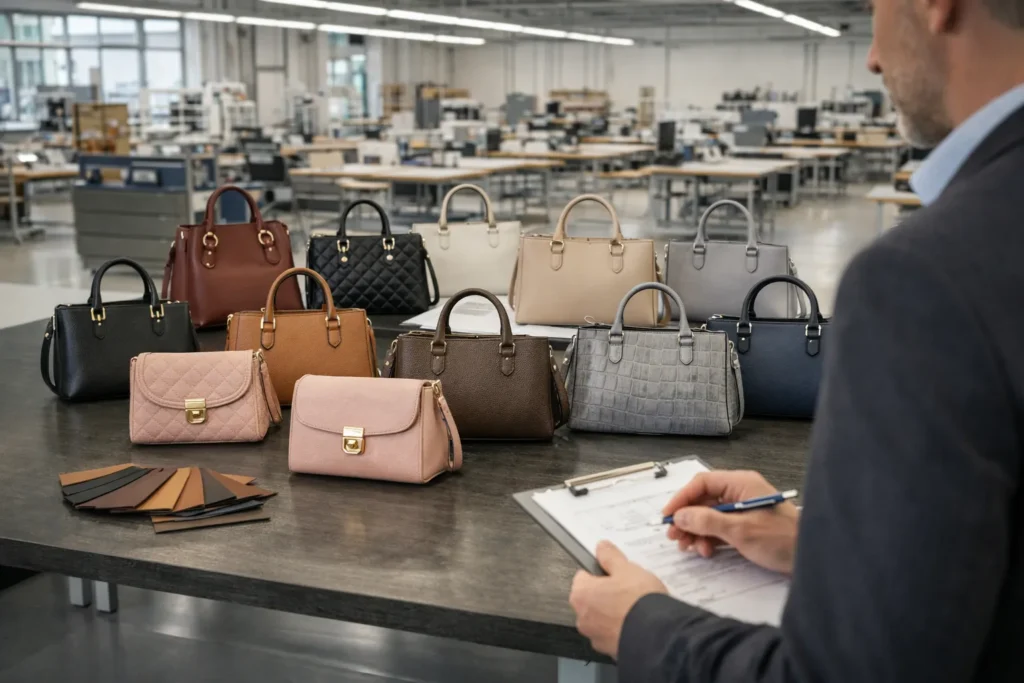 Handtaschenmusteranzeige in einem modernen Fabrikshowroom, mehrere fertige Taschenstile in verschiedenen Farben und Materialien