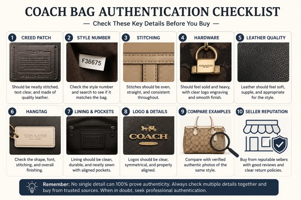 lista de verificación de autenticación de bolsos de Coach